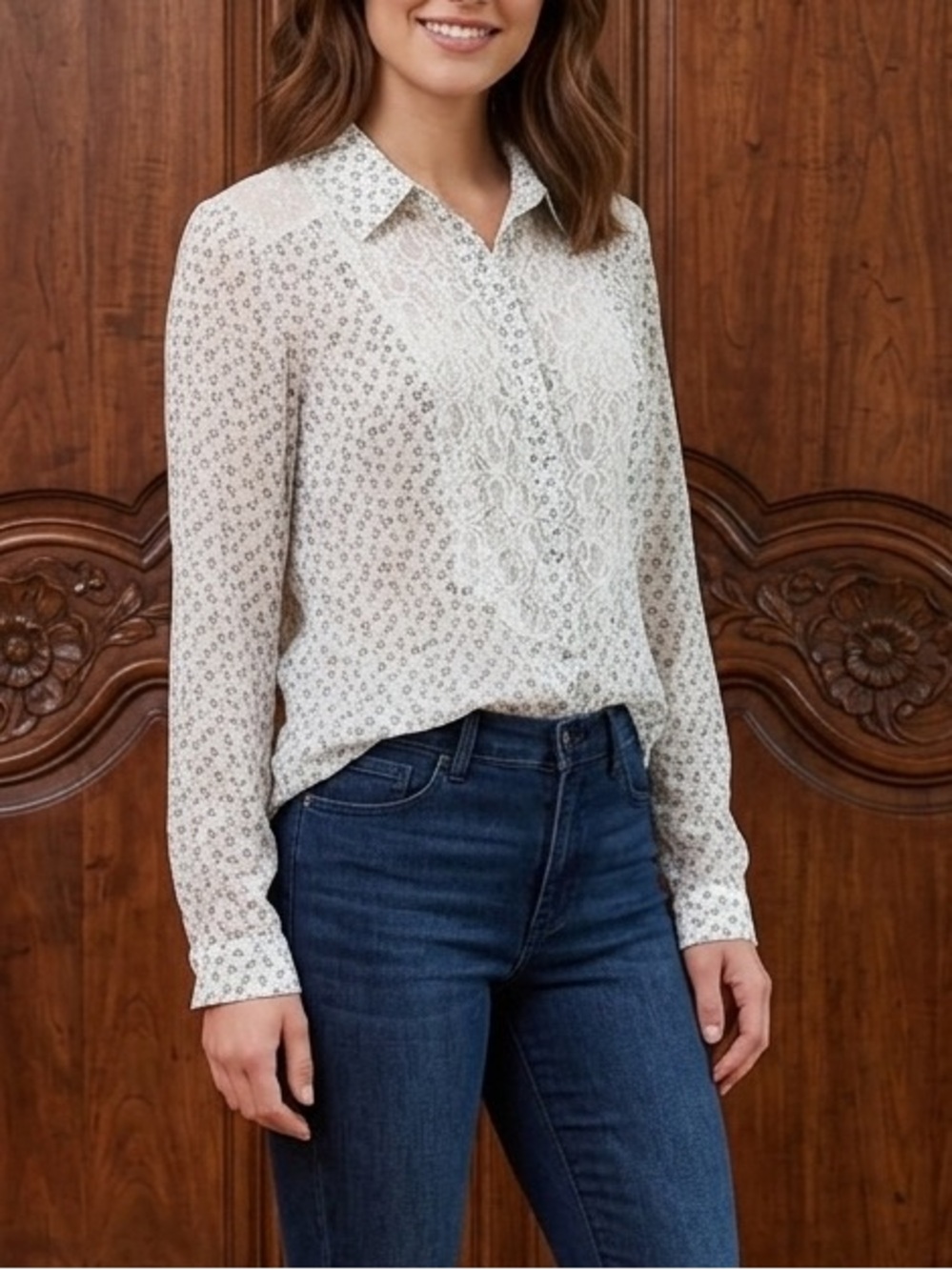 Free people Top “all that glitters” button up semi sheer top size Medium guc
